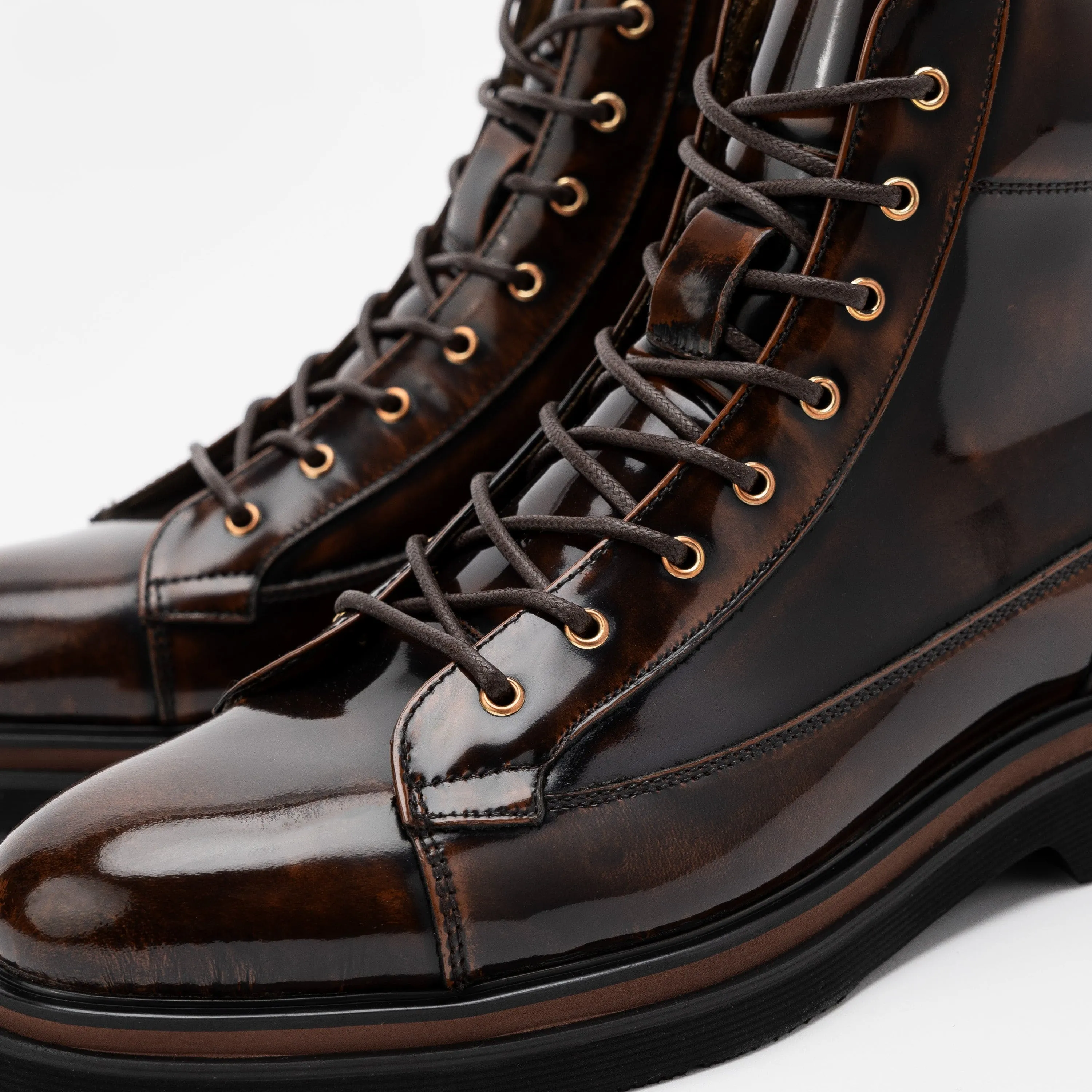 Aiden Mahogany Patent Leather Combat Boots