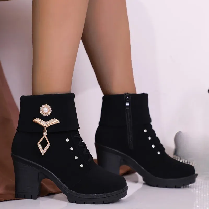 Hnzxzm 2024 New Winter Women High Heels Shoes Warm Non-slip Block Warm Snow Boots Fashion Designer Botas