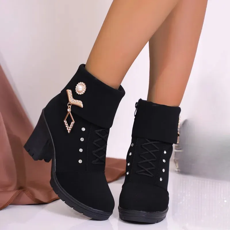 Hnzxzm 2024 New Winter Women High Heels Shoes Warm Non-slip Block Warm Snow Boots Fashion Designer Botas