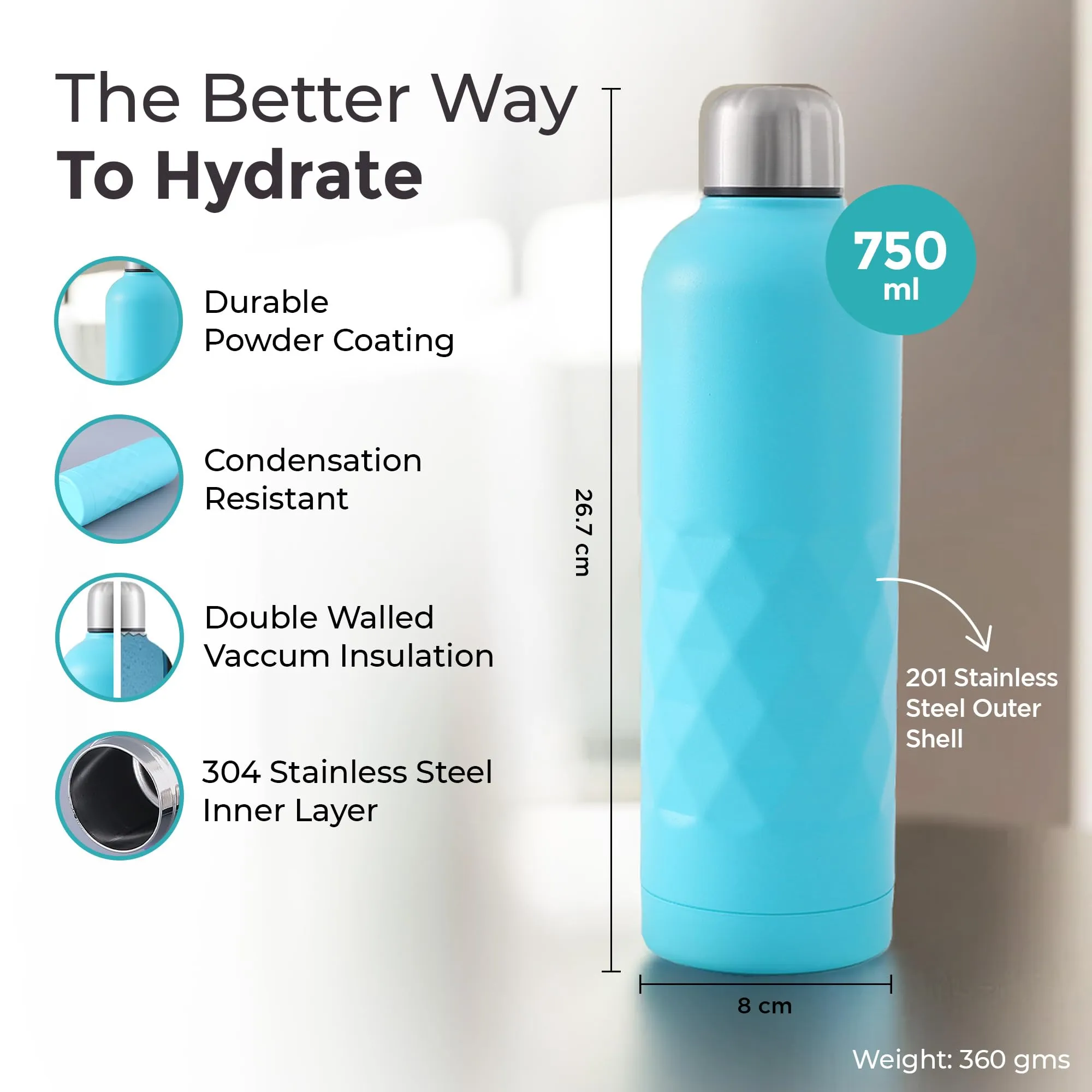 The Better Home Insulated Thermosteel Bottle 750ml | Small Flask Water Bottle for Kids School | Hot and Cold Water Bottle | Gym Bottles For Men/Women | Leakproof Screw Cap | Gifting Items (Light Blue)